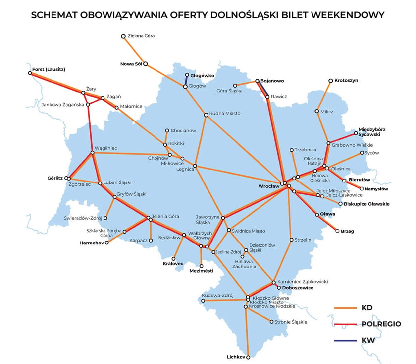 Powiększ obraz: Mapa Dolnego Śląska i miejscowości w ościennych regionach, z zaznaczonymi trasami na których obowiązuje Dolnośląski Bilet Weekendowy.