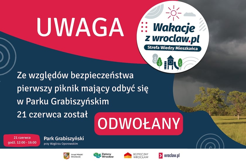 Powiększ obraz: Grafika informująca o odwołaniu pikniku w Parku Grabiszyńskim 21 czerwca