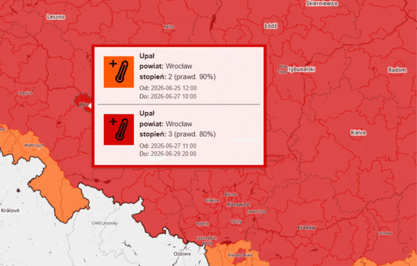 Powiększ obraz: Mapa pokazująca Wrocław na tle strefy objętej ostrzeżeniem IMGW dotyczącym upału. Komunikat z 26 czerwca 2026 r.