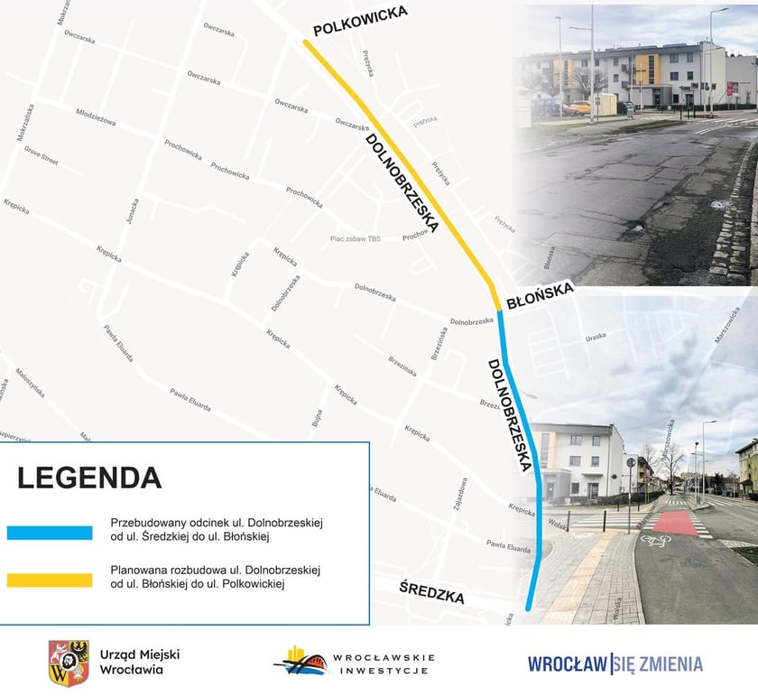 Powiększ obraz: Mapa przedstawia 2 odcinku ulicy Dolnobrzeskiej: przebudowany oraz zaplanowany do przebudowy