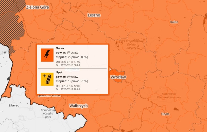 Powiększ obraz: Mapa pokazująca strefę ostrzeżeń IMGW z uwzględnieniem Wrocławia.