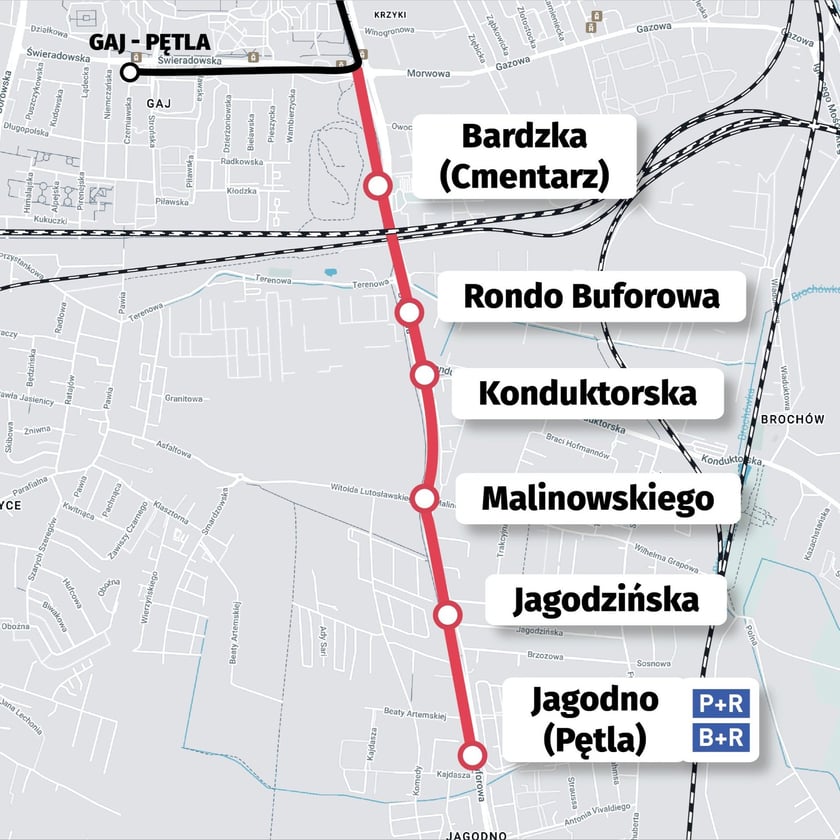 Powiększ obraz: Mapa przedstawia trasę tramwaju na Jagodno