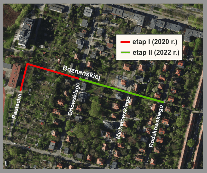 mapka przedstawiająca pierwszy i drugi etap remontu alejek Olgi Boznańskiej