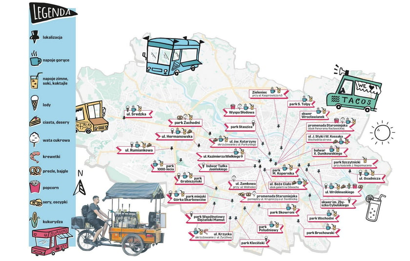 Gastrowózki, foodtrucki we Wrocławiu - mapa