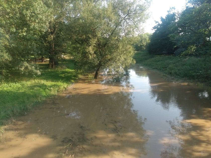 Wysoki poziom wody w rzece Ślęza przy moście na Klecinie