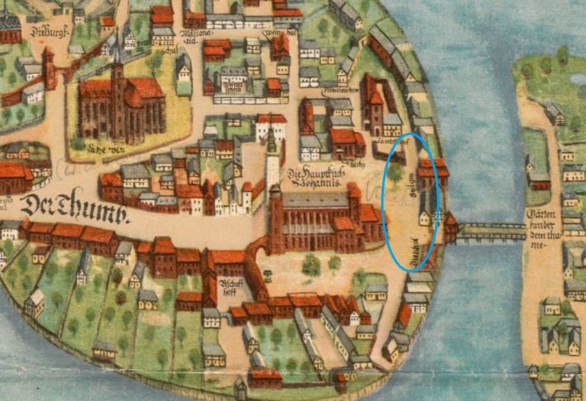 Wrocław, Ostrów Tumski, wskazanie miejsca przeprowadzonych badań archeologicznych.  Źródło: fragment mapy: rys. Barthel Weihner 1562 r