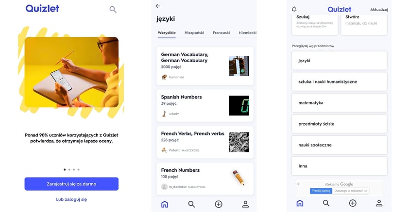 Quizlet to aplikacja, w której znajdują się materiały do nauki z przedmiotów, takich jak języki obce, medycyna, prawo, sztuka, matematyka, nauki społeczne czy humanistyczne. Umożliwia tworzenie zestawu fiszek. Mogą się one składać z definicji i obrazu. To również świetny sposób na naukę słówek z języka hiszpańskiego czy niemieckiego.