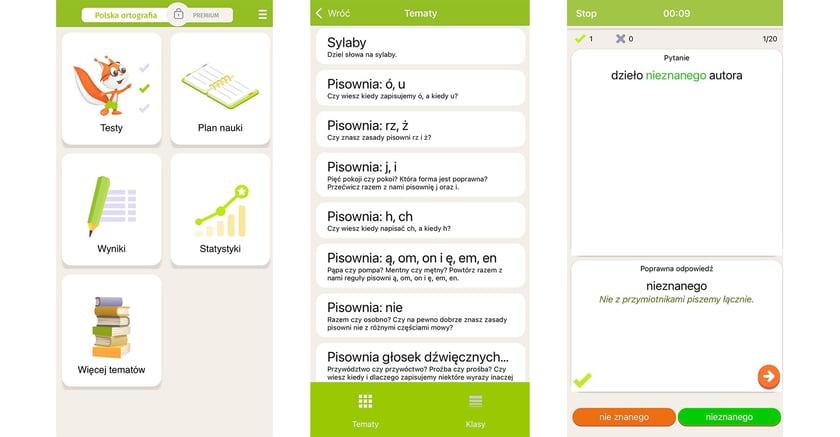 Polska ortografia pomaga nauczyć się prawidłowej polszczyzny. W aplikacji znajdują się ćwiczenia z ortografii i interpunkcji. Po każdym wykonanym zadaniu uczeń otrzymuje powiadomienie czy wykonany przez niego przykład został wykonany poprawnie. Jeśli był to błąd, program pokazuje prawidłową odpowiedź i wyjaśnia, dlaczego nie jest to dobra odpowiedź.