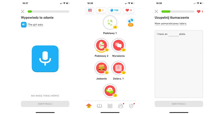 Duolingo to popularny sposób na naukę języka obcego. Dzięki szybkim i krótkim lekcjom możesz zdobywać punkty i odblokowywać nowe poziomy, rozwijając przy tym przydatne na co dzień umiejętności komunikacyjne. W aplikacji dostępne są zadania wymagające zarówno pisania, słuchania, jak i mówienia.
