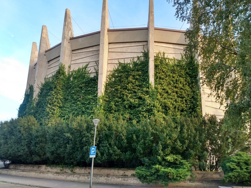 Na zdjęciu rotunda Panoramy Racławickiej. Budynek ukończono w 1985 roku, a już sześć lat później wpisano go do rejestru zabytków. Obiekt porośnięty jest odpornym na mróz bluszczem, dzięki czemu jego kolor pozostaje zielony przez cały rok.
