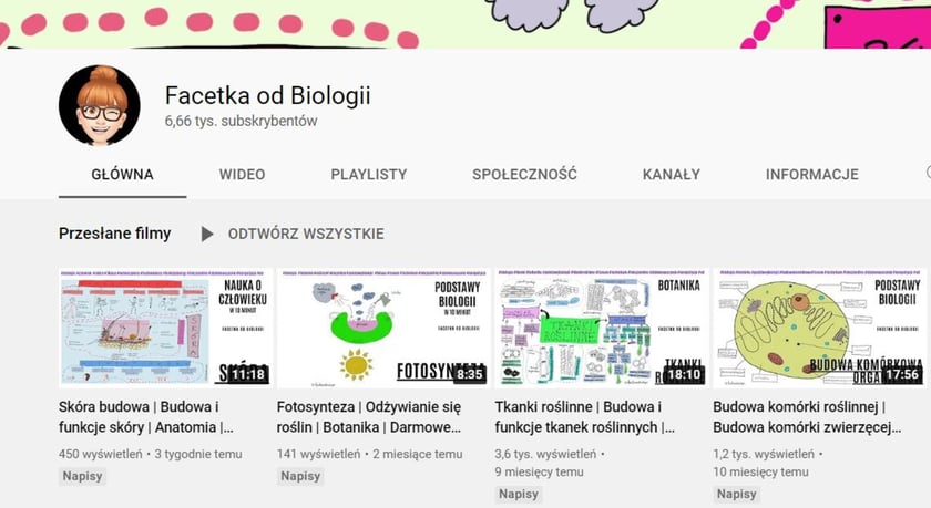 Facetka od Biologii to biolożka i nauczycielka, która od lat pracuje w szkole. Z jej kanału nauczysz się tego przedmiotu w prosty i zrozumiały sposób. Pomogą Ci w tym kolorowe notatki, krótkie i konkretne informacje, a także interaktywne quizy, które utrwalą zdobytą wiedzę.