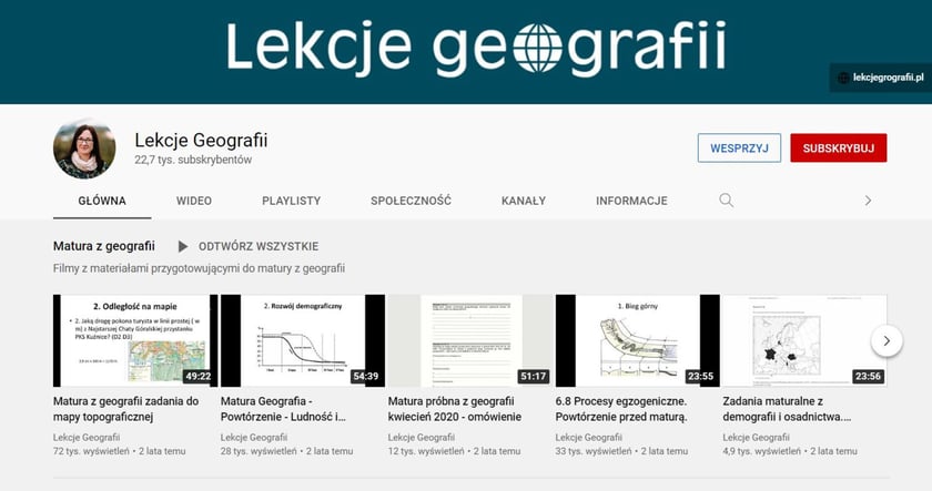 Lekcje Geografii to treści dla uczniów szkół podstawowych i ponadpodstawowych. Kanał tworzy nauczycielka z Torunia. Podczas lekcji dowiesz się, jak obliczyć odległość na mapie, jak odczytać współrzędne geograficzne czy jaki jest skład i budowa atmosfery. Nie zabraknie również materiałów przygotowujących do matury.