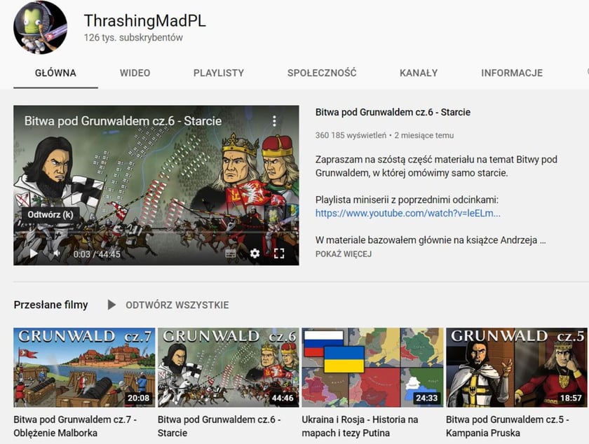 ThrashingMadPL prowadzi na swoim kanale serię Historia na Szybko. Znajdują się w niej przydatne informacje o początkach państwa polskiego, okresie rozbicia dzielnicowego, bitwie pod Grunwaldem czy wojnie w Wietnamie.