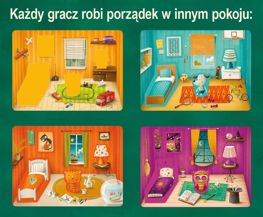 3. POTWORNE PORZĄDKI /// Dzieci robią porządek w pokoju. Wyciągają z woreczka różne przedmioty i odstawiają na odpowiednie miejsca. Zadanie utrudniać będą psotne stworki ? mają kształty podobne do przedmiotów poszukiwanych przez graczy, łatwo więc się pomylić! Wygra gracz, który pierwszy zrobi porządek w swoim pokoju. // wiek: 2+ /// liczba graczy: 2 ? 4