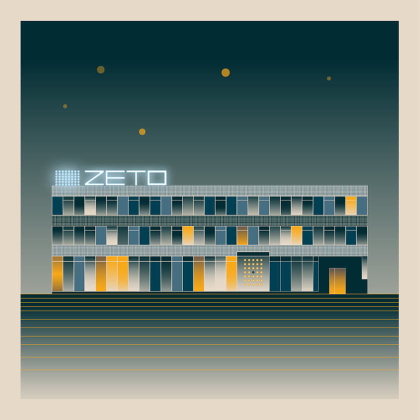 Grafika z projektu "Wrocławiaki": modernistyczny budynek Zakładu Elektronicznej Techniki Obliczeniowej ZETO, zaprojektowany przez A. i J. Tarnawskich