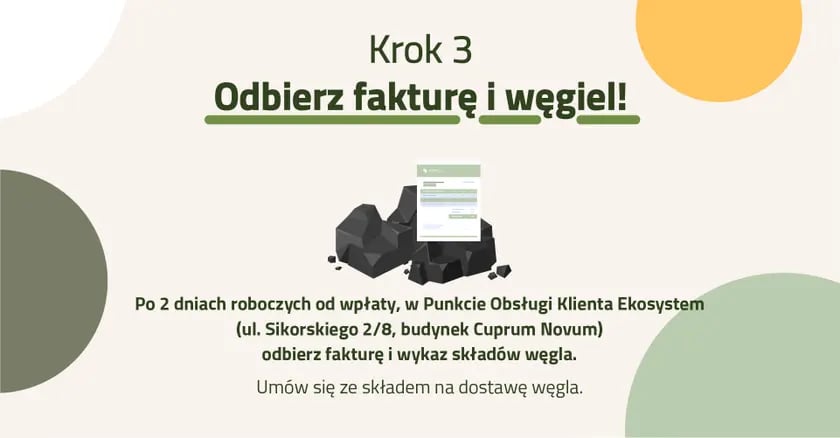 Krok 3 ? Odbierz fakturę i węgiel! Po 2 dniach roboczych od wpłaty, w Punkcie Obsługi Klienta Ekosystem (ul. Sikorskiego 2/8, budynek Cuprum) odbierz fakturę i wykaz składów węgla. Umów się ze składem na dostawę węgla.