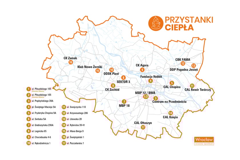 mapa Wrocławia z zaznaczonymi Przystankami Ciepła