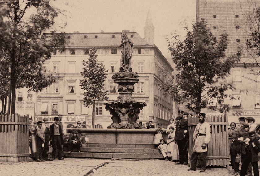 Fontanna Neptuna na placu Nowy Targ przed przebudową, lata 1870-1880