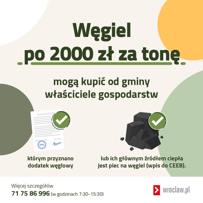 Węgiel po 2000 zł za tonę, mogą kupić od gminy właściciele gospodarstw, którym przyznano dodatek węglowy lub ich głównym źródłem ciepła jest piec na węgiel (wpis do CEEB)