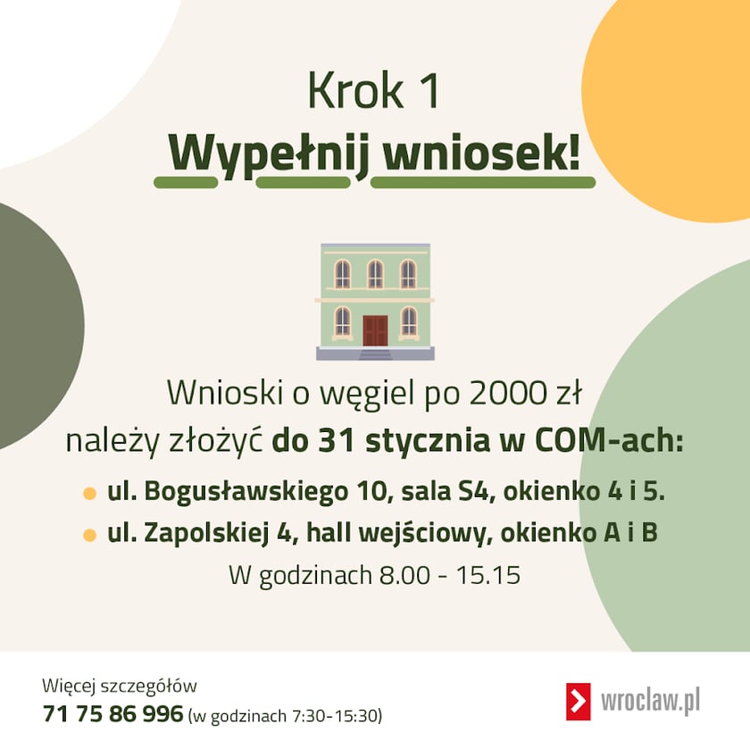 Krok 1 ? Wypełnij wniosek! Wnioski o węgiel po 2000 zł należy złożyć do 2 grudnia w COM-ach: - ul. Bogusławskiego 10, sala S4, okienko 4 i 5. - ul. Zapolskiej 4, hall wejściowy, okienko A i B W godzinach 8.00 - 15.15