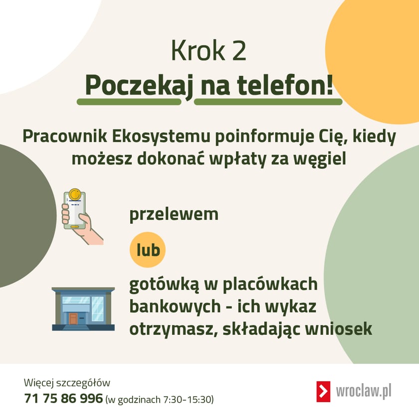 Poczekaj na telefon. Pracownik Ekosystemu poinformuje Cię, kiedy możesz dokonać wpłaty za węgiel