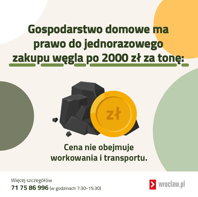 Węgiel z dopłatą, infografika. Napis: ?Gospodarstwo domowe ma prawo do jednorazowego zakupu węgla po 2000 zł za tonę. Cena nie obejmuje workowania i transportu. Więcej szczegółów 71 75 86 996 (w godzinach 7:30-15:30).?