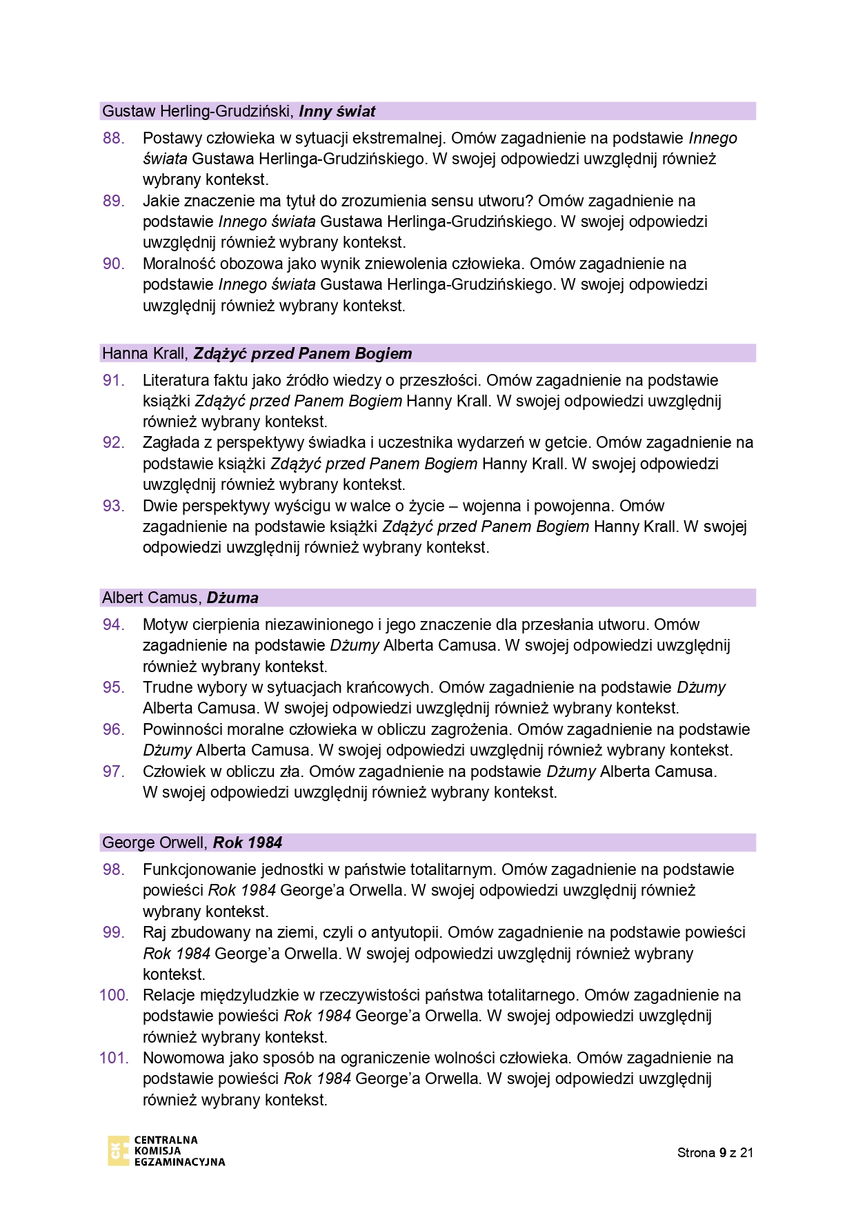 Lista jawnych zadań na maturę ustną z j. polskiego 2023