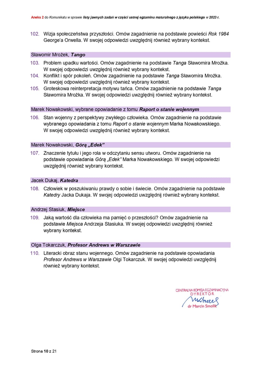 Lista jawnych zadań na maturę ustną z j. polskiego 2023