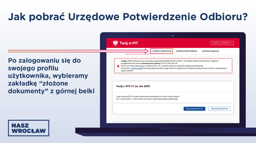 Po wejściu na Twój e-PIT, sprawdź swoje rozliczenie, po czym je zaakceptuj jednym kliknięciem. Później w górnym menu wybierz opcję ?Złożone dokumenty?.