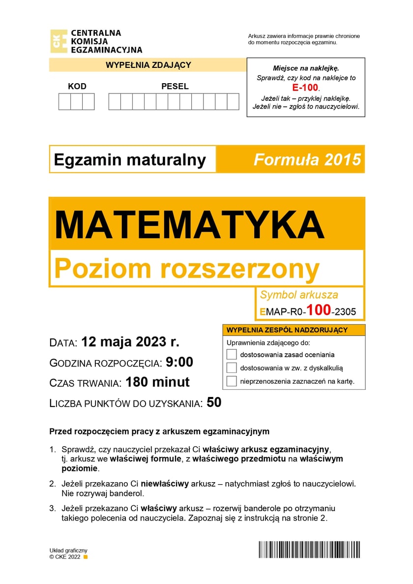 Arkusz z matematyki, poziom rozszerzony (formuła 2015)