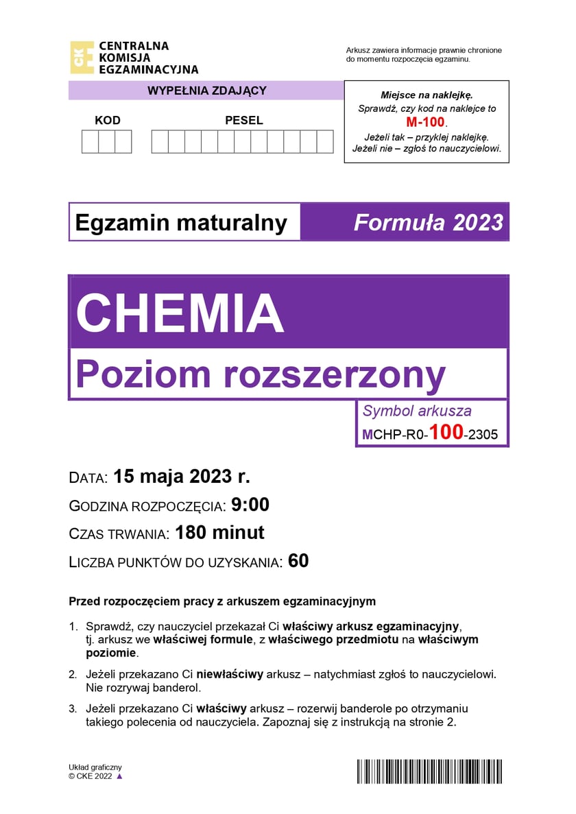 Arkusz CKE z chemii (poziom rozszerzony, formuła 2023)