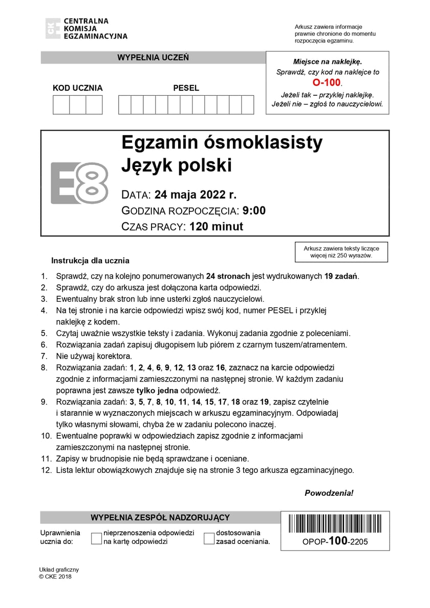Egzamin ósmoklasisty. Arkusz egzaminacyjny z języka polskiego 2022 CKE