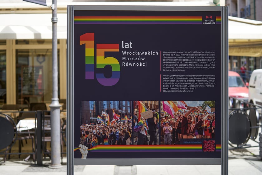 Pierwsza plansza wystawy &bdquo;15 lat Wrocławskich Marsz&oacute;w R&oacute;wności&rdquo; na ulicy Oławskiej