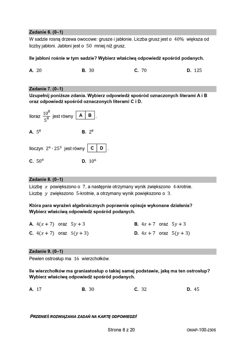 Arkusz egzaminacyjny - matematyka