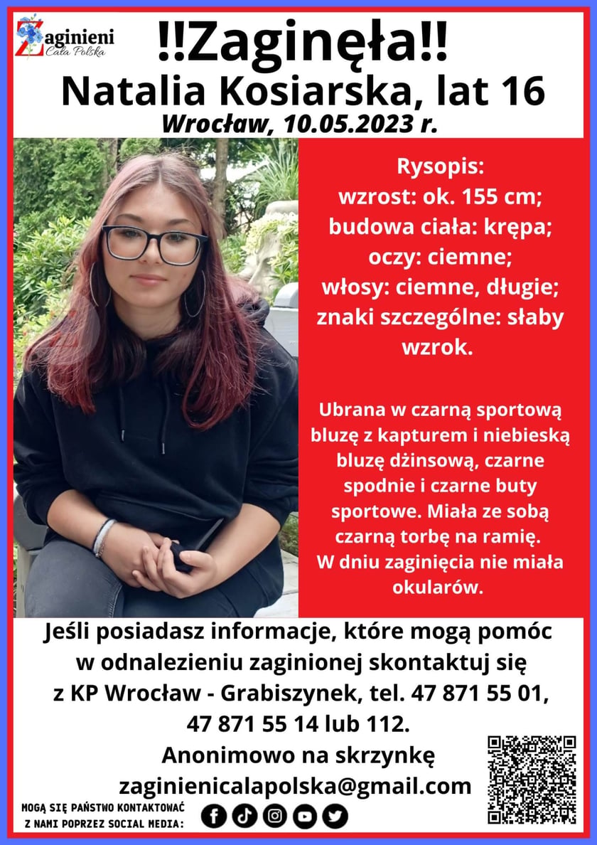 Zaginiona 16-letnia Natalia Kosiarska z Wrocławia