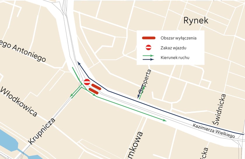 Na mapie zaznaczono fragment, gdzie rozpocznie się etap przejściowy wymiany sieci ciepłowniczej od 29 sierpnia i potrwa do 5 sierpnia. Prace prowadzone będą najbliżej skrzyżowania ulicy Kazimierza Wielkiego z Krupniczą.