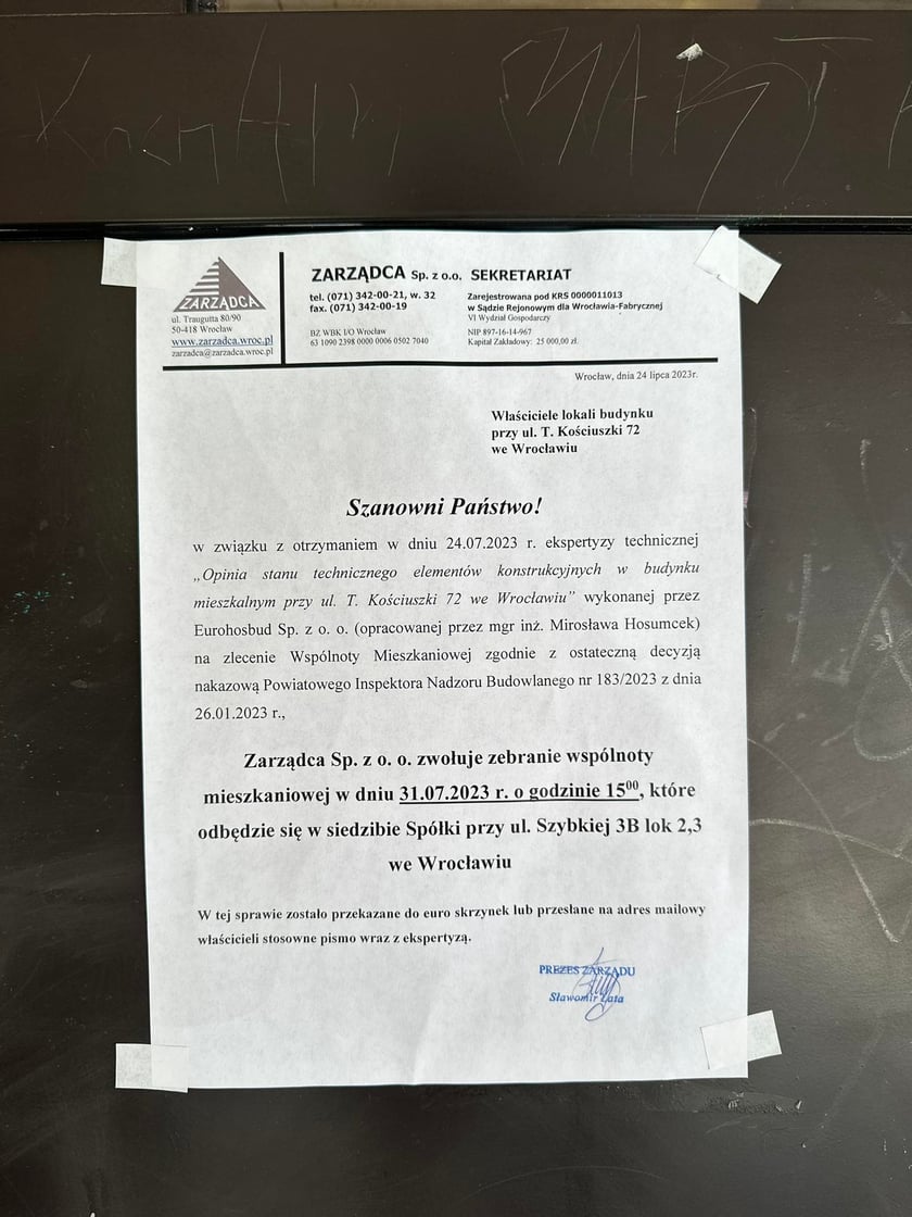 Pismo zarządcy do mieszkańców