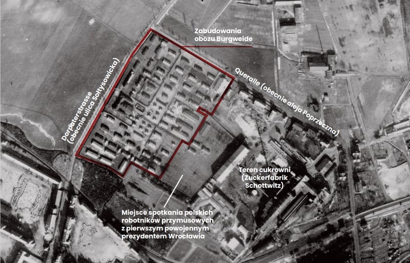 Obóz pracy przymusowej Burgweide na zdjęciu lotniczym z 1945 roku