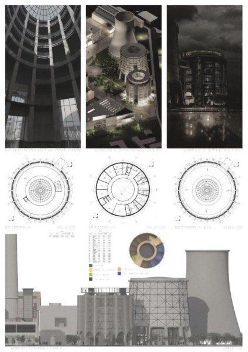 Pierwszą nagrodę przyznano r&oacute;wnież Damianowi Garbuli za pracę &bdquo;Centrum multimedialne&rdquo;, kt&oacute;ra powstała jako projekt na zajęciach prowadzonych przez dr inż. arch. Elżbietę Komarzyńską-Świeściak. Jury doceniło autora za "konsekwentne rozwiązanie budynku wielofunkcyjnego na planie koła w istniejącej strukturze EC Czechnica".
Student zaprojektował nowy, 30-metrowy budynek, kt&oacute;ry wsp&oacute;łgrałby z istniejącą chłodnią kominową &ndash; planowaną na centrum wystawiennicze. Chłodnia i okrągłe centrum multimedialne byłyby skomunikowane łącznikiem na sz&oacute;stym piętrze.
Uwagę sądu konkursowego zwr&oacute;cił program funkcjonalny budynku, składający się z części edukacyjnej, laboratori&oacute;w i restauracji. Jurorom spodobało się też uwolnienie centrum planu poprzez lokalizację trzon&oacute;w komunikacyjnych w pasie zewnętrznym.
"Pozwoliło to na lokalizację części wsp&oacute;lnych w tym najbardziej charakterystycznym miejscu budynku. Jednolite i powściągliwe elewacje stanowią tło dla unikalnego otoczenia" &ndash; podkreślało jury.
- Forma nowego obiektu nawiązywałaby do sąsiednich chłodni i wpisywałaby się w industrialny charakter otoczenia &ndash; opowiada autor. - Budynek jest wynikową decyzji podjętych na etapie projektowania planistycznego, kt&oacute;re wykonaliśmy grupowo. Zar&oacute;wno forma, jak i funkcja spełniają założenia wynikające z analiz. Kształt projektowanego budynku płynnie odsłaniałby przed odbiorcą scenerię okolicznej zabytkowej zabudowy.