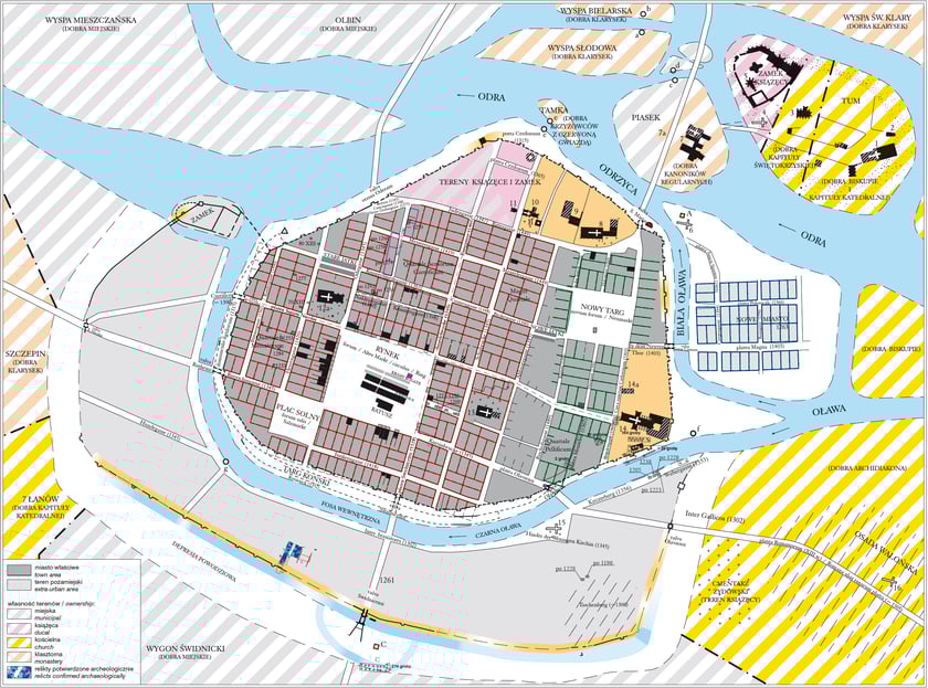 Mapa Wrocławia ok. 1300 rok z Atlasu Historycznego Miast Polskich, Instytut Archeologii i Etnologii PAN, 2017&nbsp;