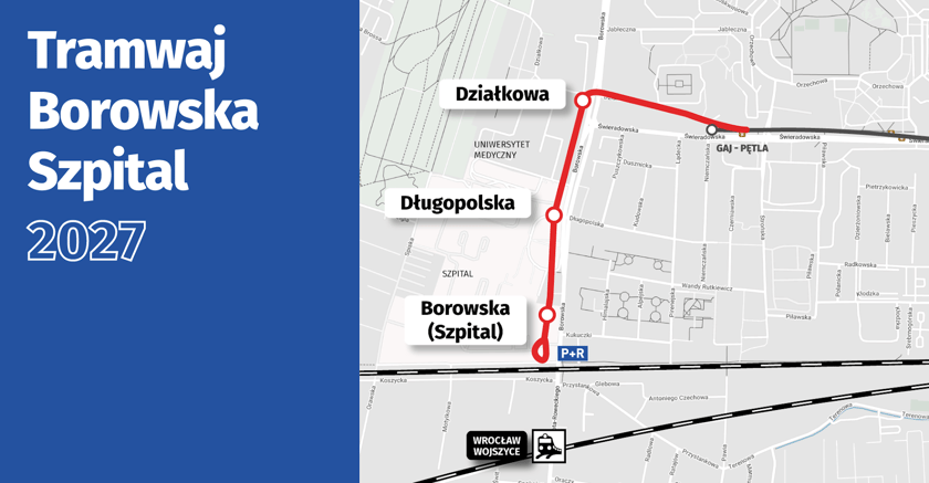 Powiększ obraz: <p><strong>Tramwaj na Borowską</strong><span>&nbsp;</span><span>to przedłużenie trasy tramwajowej na Gaj do Uniwersyteckiego Szpitala Klinicznego przy ulicy Borowskiej.</span></p><p><a href="https://www.wroclaw.pl/dla-mieszkanca/najnowsze-plany-na-rozwoj-komunikacji-miejskiej-we-wroclawiu" target="_blank" rel="noopener"><strong> Sprawdź wszystkie plany na nowe trasy i pętle tramwajowe we Wrocławiu!</strong></a></p>