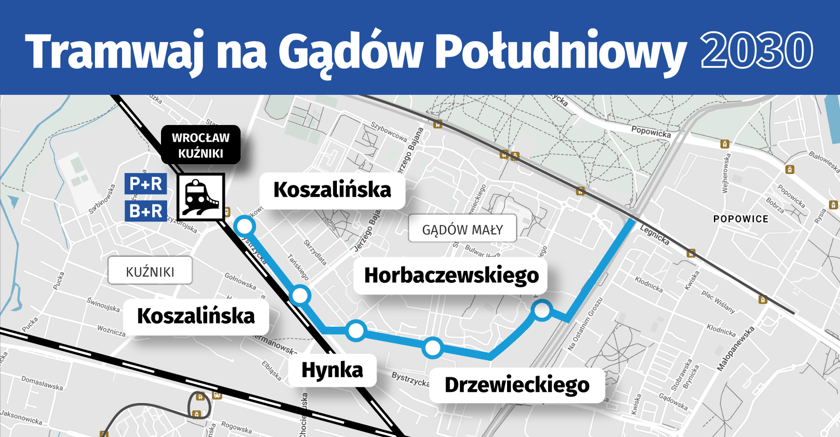 Powiększ obraz: <p><strong>Tramwaj na Gądów Południowy</strong><span>&nbsp;</span><span>otworzy nowe możliwości komunikacji dla mieszkańców osiedla Gądów i Kuźniki. Długość planowej trasy to 2,4 km, na której znajdzie się 5 nowych przystanków tramwajowych.</span></p><p><a href="https://www.wroclaw.pl/dla-mieszkanca/najnowsze-plany-na-rozwoj-komunikacji-miejskiej-we-wroclawiu" target="_blank" rel="noopener"><strong> Sprawdź wszystkie plany na nowe trasy i pętle tramwajowe we Wrocławiu!</strong></a></p>