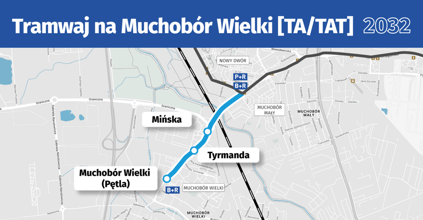 Powiększ obraz: <p><strong>Tramwaj na Muchobór Wielki</strong><span>&nbsp;</span><span>to kontynuacja trasy na Nowy Dwór. W pierwszej kolejności zostanie wybudowana wydzielona trasa autobusowa, w ciągu której w przyszłości powstanie również tramwaj.</span></p><p><a href="https://www.wroclaw.pl/dla-mieszkanca/najnowsze-plany-na-rozwoj-komunikacji-miejskiej-we-wroclawiu" target="_blank" rel="noopener"><strong> Sprawdź wszystkie plany na nowe trasy i pętle tramwajowe we Wrocławiu!</strong></a></p>