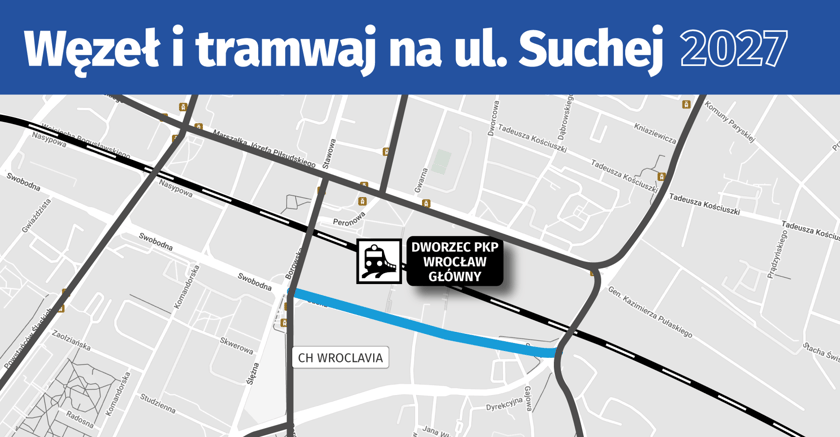 Powiększ obraz: <p><strong>Tramwaj na Suchej</strong><span>&nbsp;</span><span>to projekt, który pomoże odciążyć trasy tramwajowe w centrum. Planowane jest wybudowanie łącznika ulicy Suchej z Dyrekcyjną. Dzięki temu powstanie korytarz tramwajowy, który będzie alternatywą dla niewydolnego już torowiska przy ulicy Stawowej.</span></p><p><a href="https://www.wroclaw.pl/dla-mieszkanca/najnowsze-plany-na-rozwoj-komunikacji-miejskiej-we-wroclawiu" target="_blank" rel="noopener"><strong> Sprawdź wszystkie plany na nowe trasy i pętle tramwajowe we Wrocławiu!</strong></a></p>