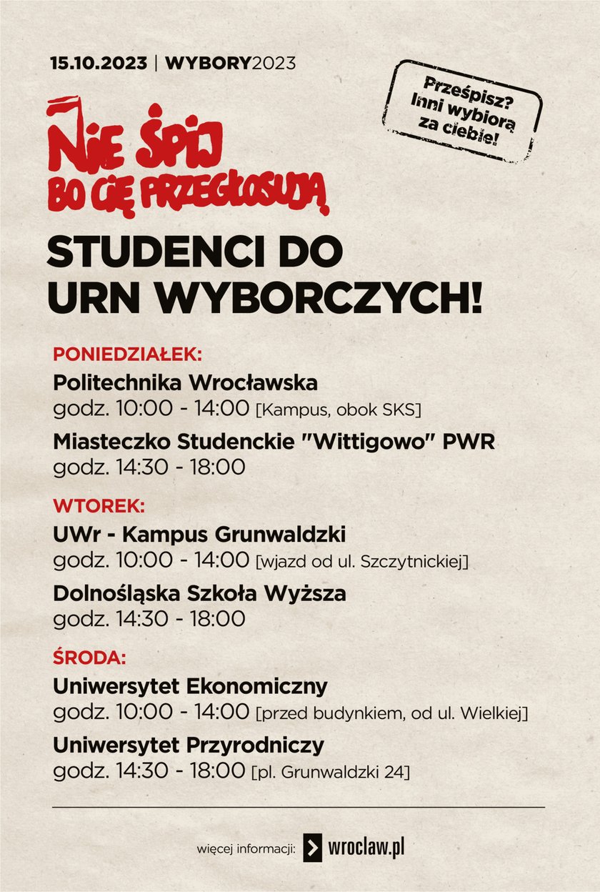 Powiększ obraz: plakat z informacjami o datach i miejscach, w których zatrzyma się specjalny autobus dla studentów, chcących dopisać się do rejestru wyborców we Wrocławiu