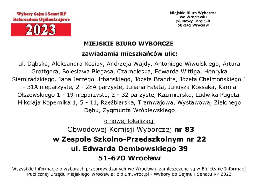 al. Dąbska, Aleksandra Kosiby, Andrzeja Wajdy, Antoniego Wiwulskiego, Artura Grottgera, Bolesława Biegasa, Czarnoleska, Edwarda Wittiga, Henryka Siemiradzkiego, Jana Jerzego Urbańskiego, Józefa Brandta, Józefa Chełmońskiego 1 - 31A nieparzyste, 2 - 28A parzyste, Juliana Fałata, Juliusza Kossaka, Karola Olszewskiego 1 - 19 nieparzyste, 2 - 32 parzyste, Kazimierska, Ludwika Pugeta, Mikołaja Kopernika 1, 5 - 11, Rzeźbiarska, Tramwajowa, Wystawowa, Zielonego Dębu, Zygmunta Wróblewskiego o nowej lokalizacji Obwodowej Komisji Wyborczej nr 83 w Zespole Szkolno-Przedszkolnym nr 22, ul. Edwarda Dembowskiego 39, 51-670 Wrocław