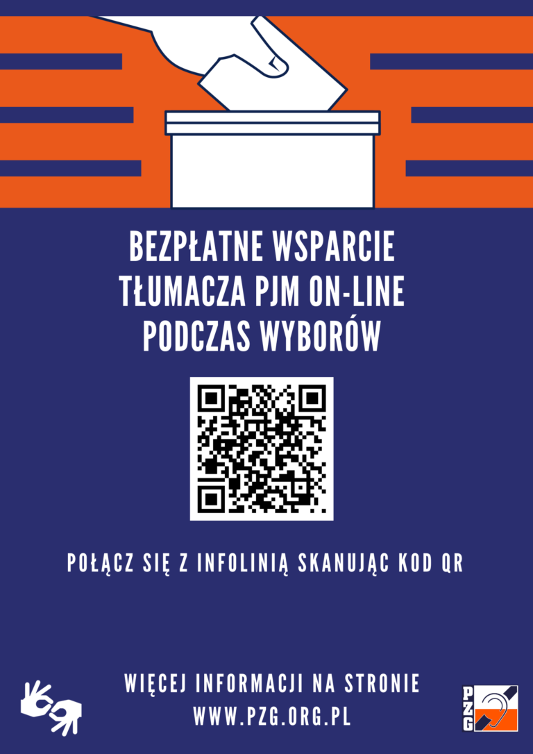 Powiększ obraz: plakat informujący o wideoinfolinii dla osób głuchych na dzień wyborów parlametarnych. Na grafice umieszczono kod QR