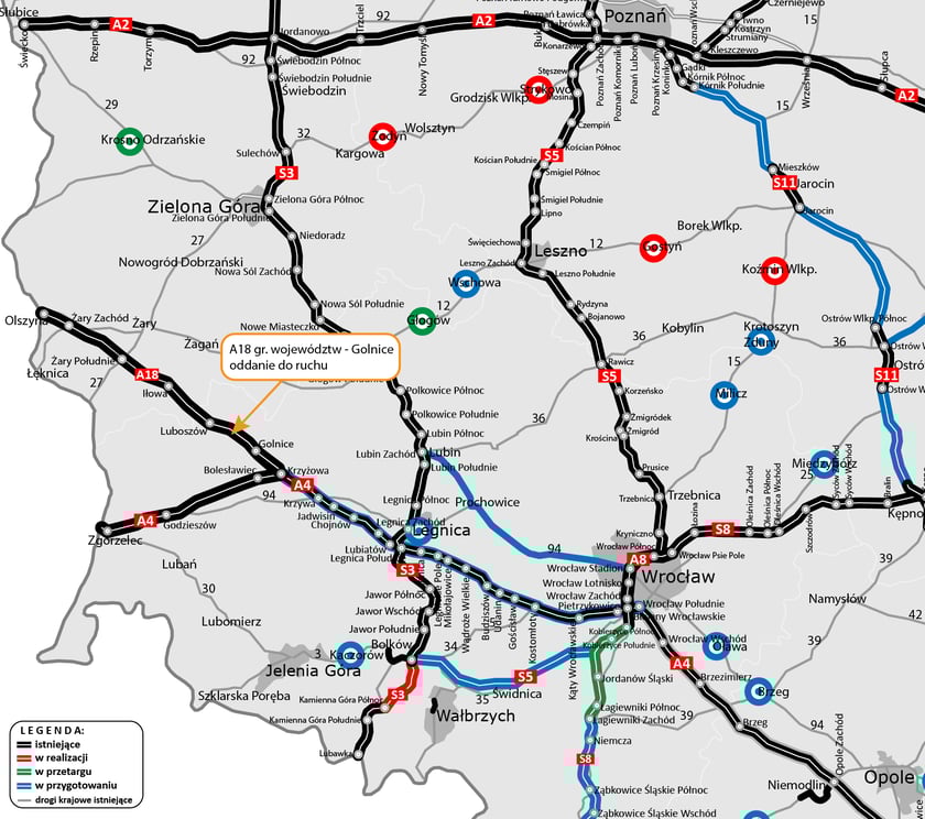 Mapa z przebiegiem A18