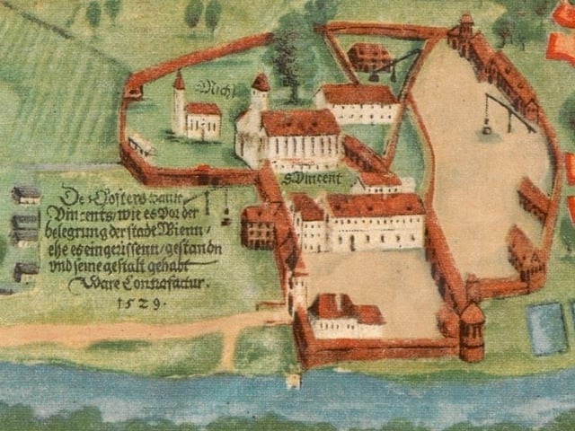 Opactwo na Ołbinie utrwalone na planie Weiner&oacute;w w roku 1562. W tym czasie już nie istniało - musiało jednak mocno zapisać się w pamięci wrocławian skoro mimo wszystko znalazło się na wizerunku miasta.