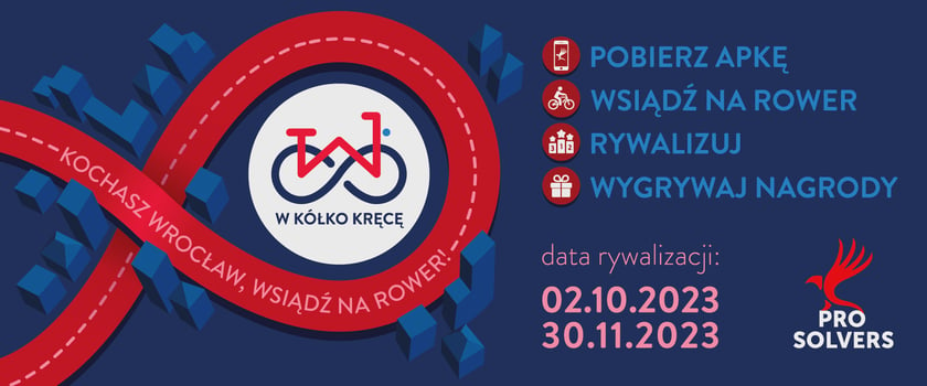 Powiększ obraz: <p>Grafika z napisem: W k&oacute;łko kręcę; Kochasz Wrocław, wsiądź na rower!, pobież apkę, wsiądź na rower, rywalizuj, wygraj nagrody, data rywalizacji: 02.10.2023-30.11.2023</p>